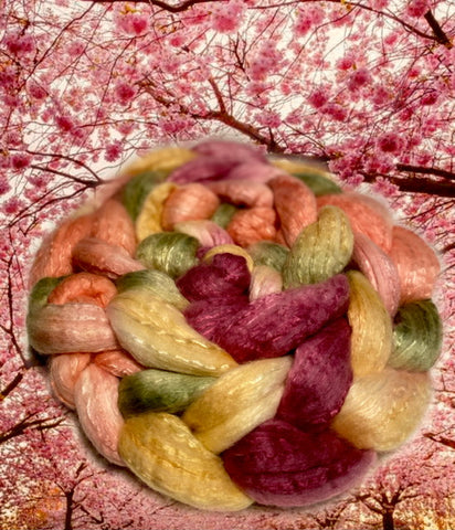 Cherry blossoms with a handdyed top in pinks corals and burgundy wine reds mild yellow and light green