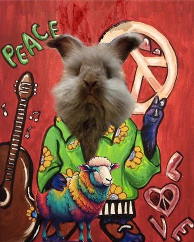angora bunny making a peace sign with its paw, dressed in a colourful shirt and shorts, holding a colourful sheep