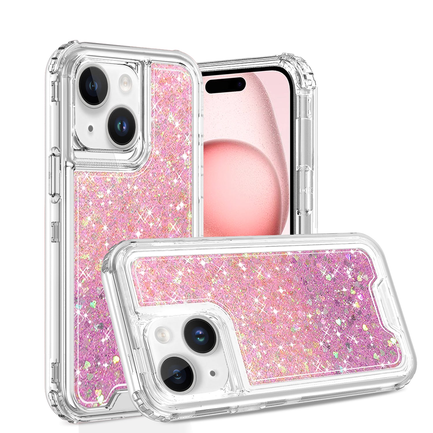 For iPhone 13 Pro Max Epoxy Sticker Glitter 3in1 Shockproof Transparent Hybrid Case - Pink + Light Purple