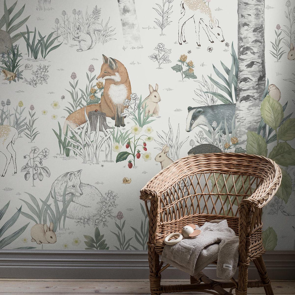 ULAH Interiors + Design uses Woodland motif wallpaper by Schumacher for nursery design.