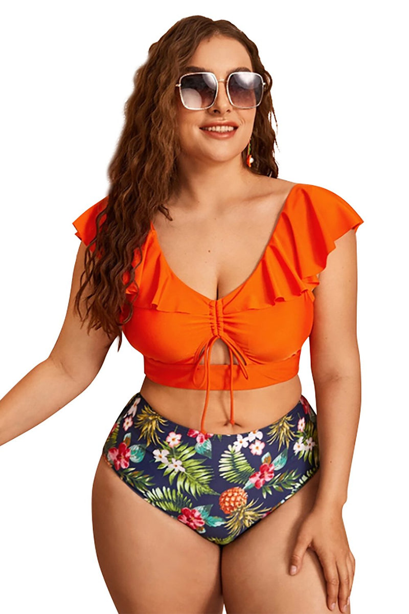 Verslijten censuur procent Zapaka Vrouwen Grote maat Bikini Oranje Bloemen Tweedelige Badmode met  Flounce – ZAPAKA NL