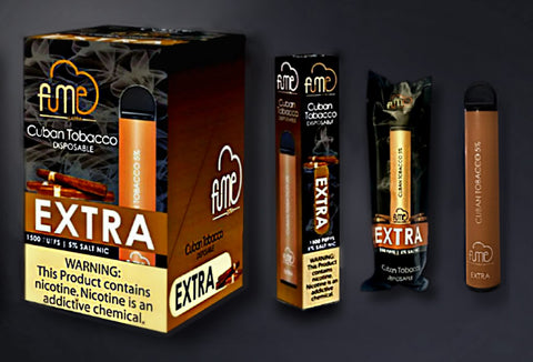 Fume Extra Components: 12 piece display box, individual package, mylar bag, and disposable electronic cigarette device. Flavor Example: Cuban Tobacco