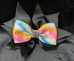 RHINESTONE CENTER BOW WITH MULTI COLOR BOW IN FRONT OF SOLID COLOR BOW (APPROX 4”)