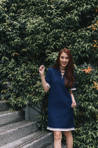 Alicia Tan in the Arcene Lace-up Detail Shift Dress in Navy Blue