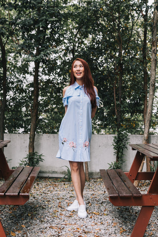 Alicia Tan in the Demelza Cold Shoulder Shift Dress with Floral Embroidery in Pinstripes