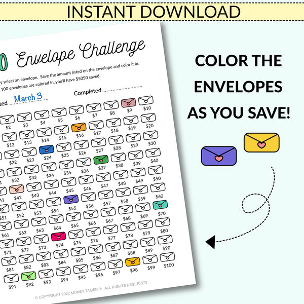 100 envelope challenge tracker free printable