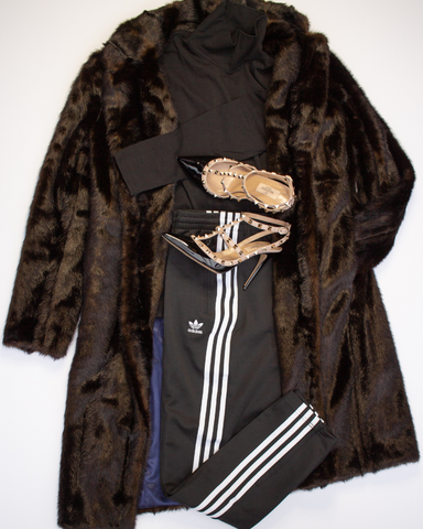 J.Crew faux fur coat and turtleneck, Adidas sweatpants, Valentino heels.