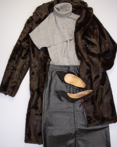 J.Crew faux fur coat, Vintage GAP leather skirt, Jennie Liu cashmere sweater, Louboutin heels.