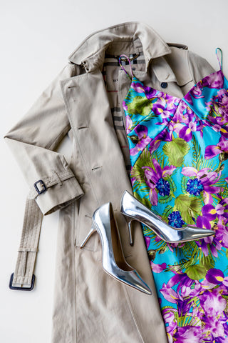 Burberry trench coat, DAGMAR SPICHALE silk slip dress, J.Crew heels