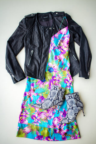 Isabel Marant leather jacket, DAGMAR SPICHALE silk slip dress, J.Crew booties