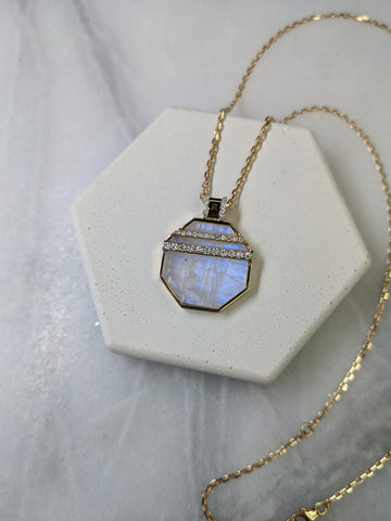 Campbell + Charlotte Jewelry C+C Custom Moonstone and Diamond Octagon Pendant Necklace