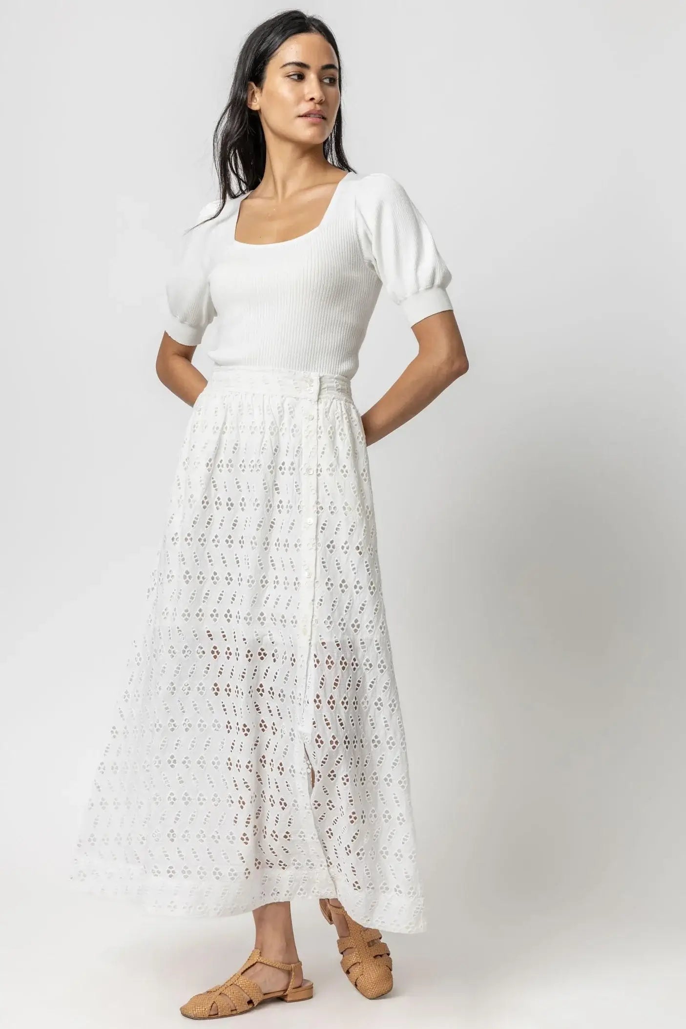 Eyelet Side-Button Maxi Skirt