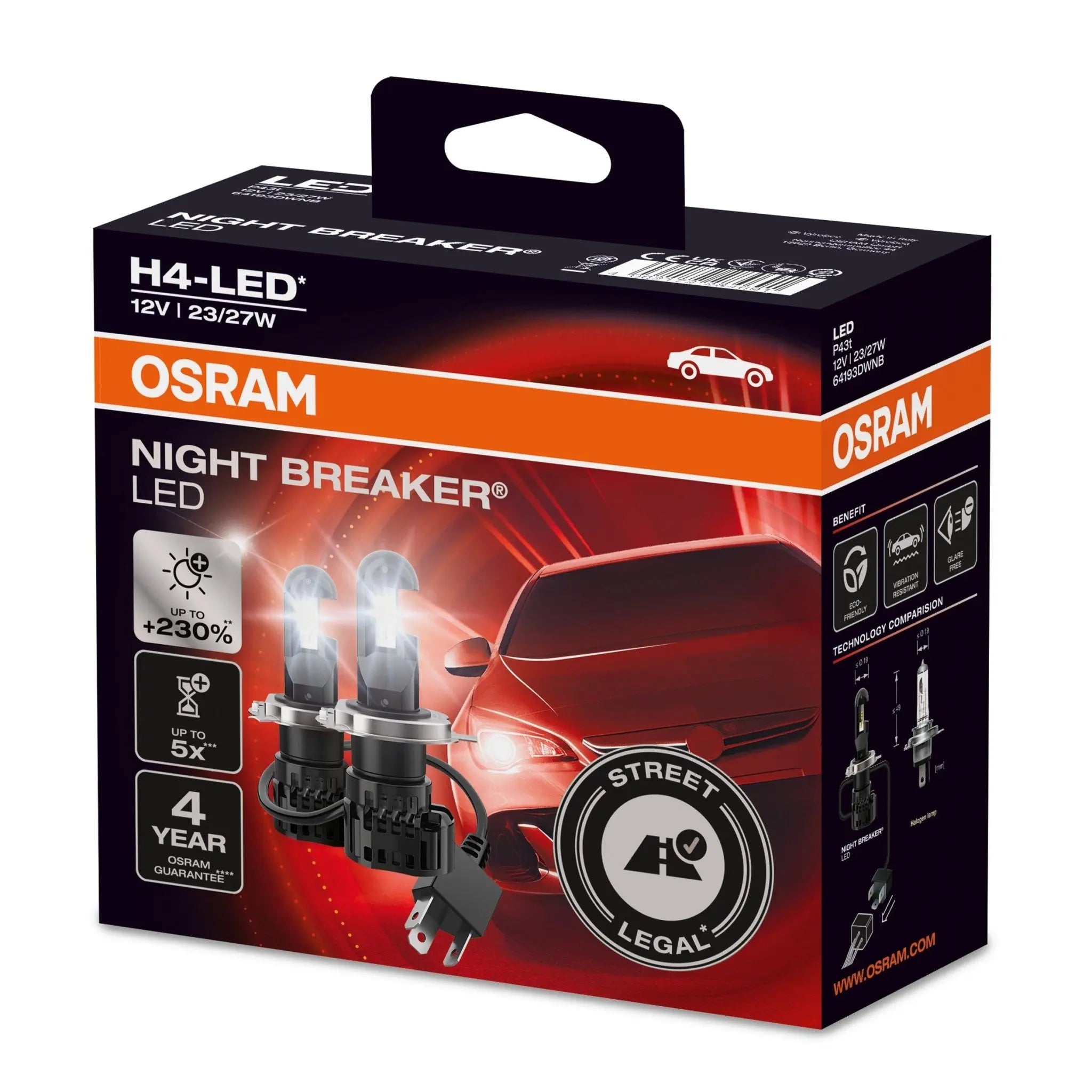 H4 NIGHT BREAKER LED StVZO-Konforme LED-Nachrüstlampe +230% mehr Licht 2St OSRAM - Samsuns Group