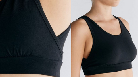 2 views of Albero Organic Cotton bralette - side view of unique cross over irritant free seam and front view