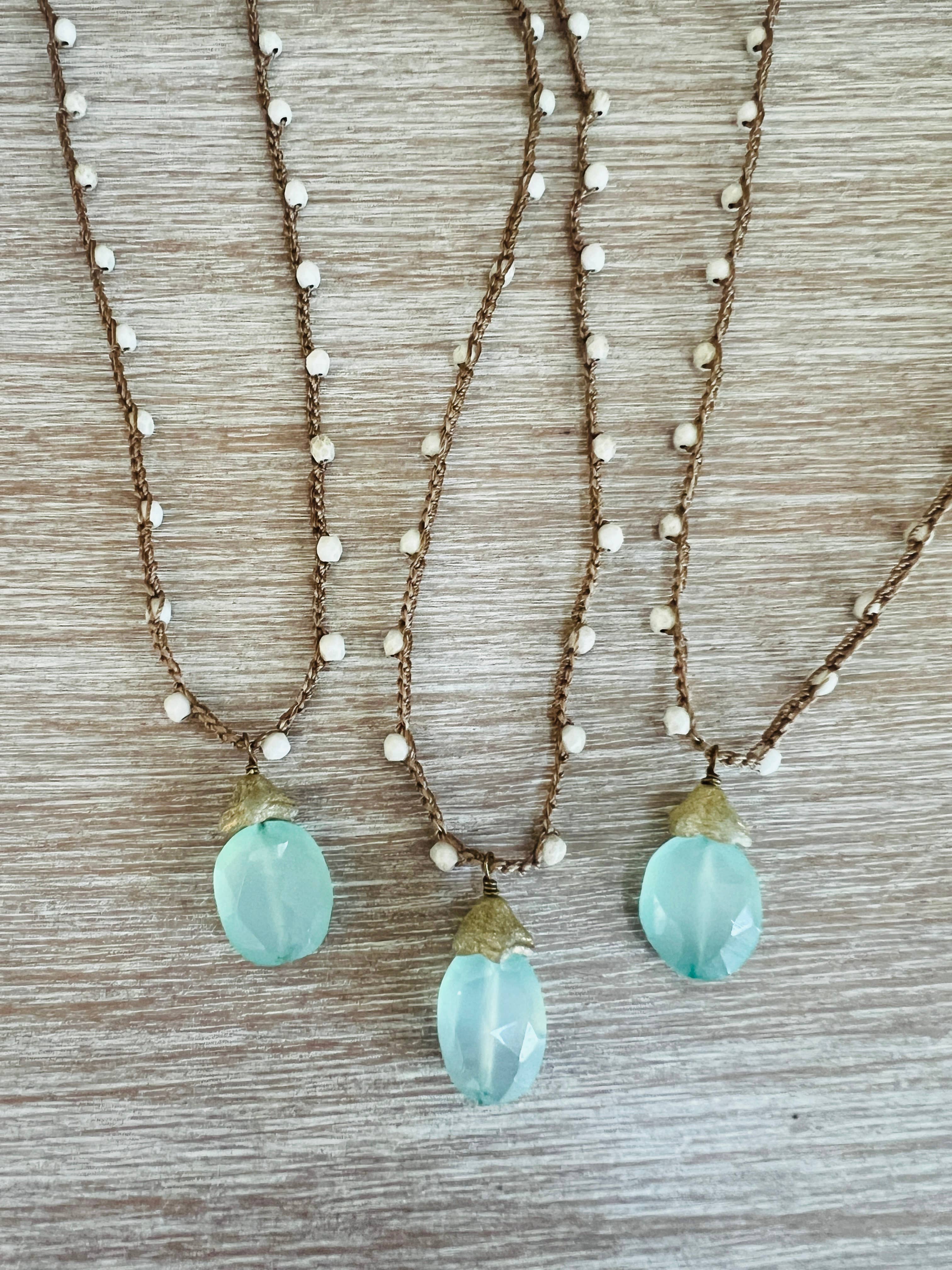 Twist Style - Chalcedony Dew Drop Necklace With Frosty White Crystal
