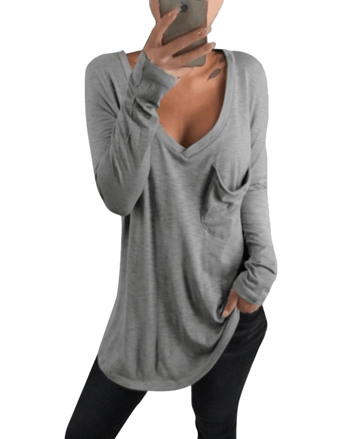 Women Casual V Neck Long Sleeve Loose Baggy Solid T Shirts with Pocket