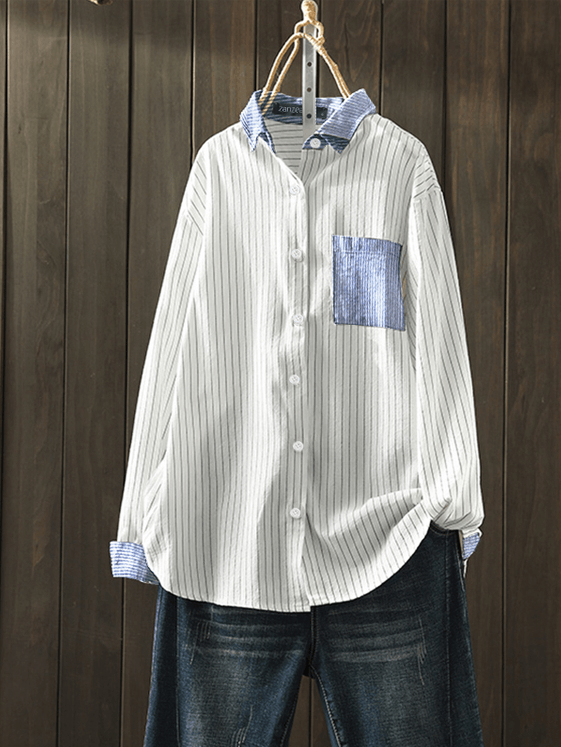 Femmes Coton Rayé Imprimé Patchwork Simple Chemises Décontractées Quotidiennes