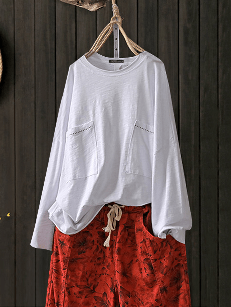 Blusa con bolsillos y cuello redondo para mujer Camisa suelta Casaul