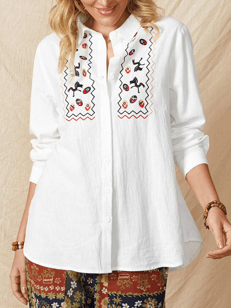 Women White Lapel Ethnic Embroidery Daily Casual Long Sleeve Shirts
