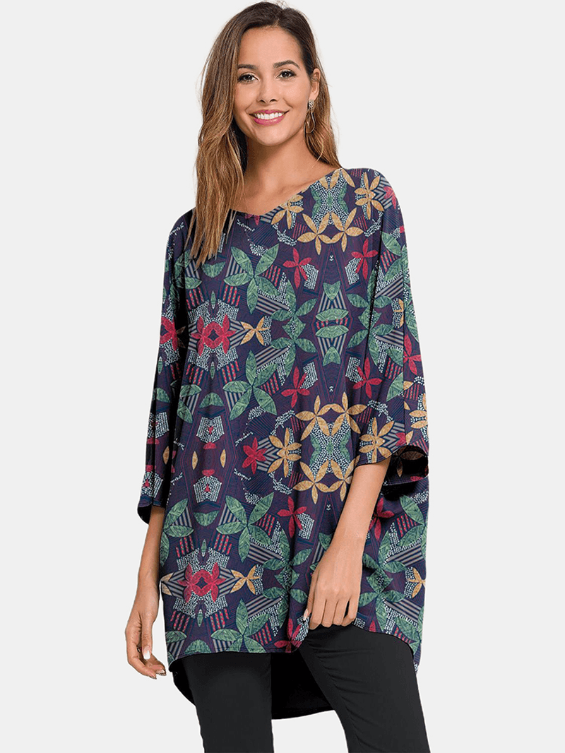 Blusa informal con dobladillo irregular suelto y cuello redondo estampado para mujer