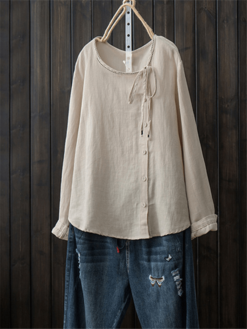 Blusa vintage de algodón con botones y cuello redondo para mujer