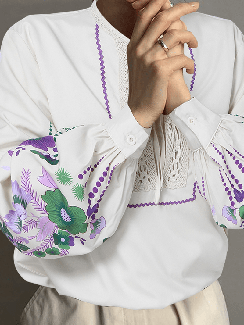 Blusas informales de manga larga con cuello de lazo y costuras de encaje con estampado de flores para mujer