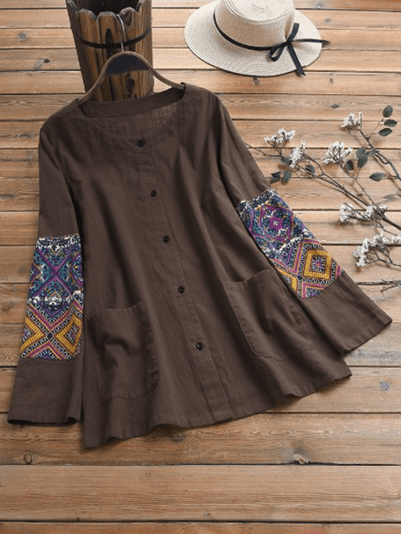 Ethnic Print Patchwork Long Sleeve Blouse