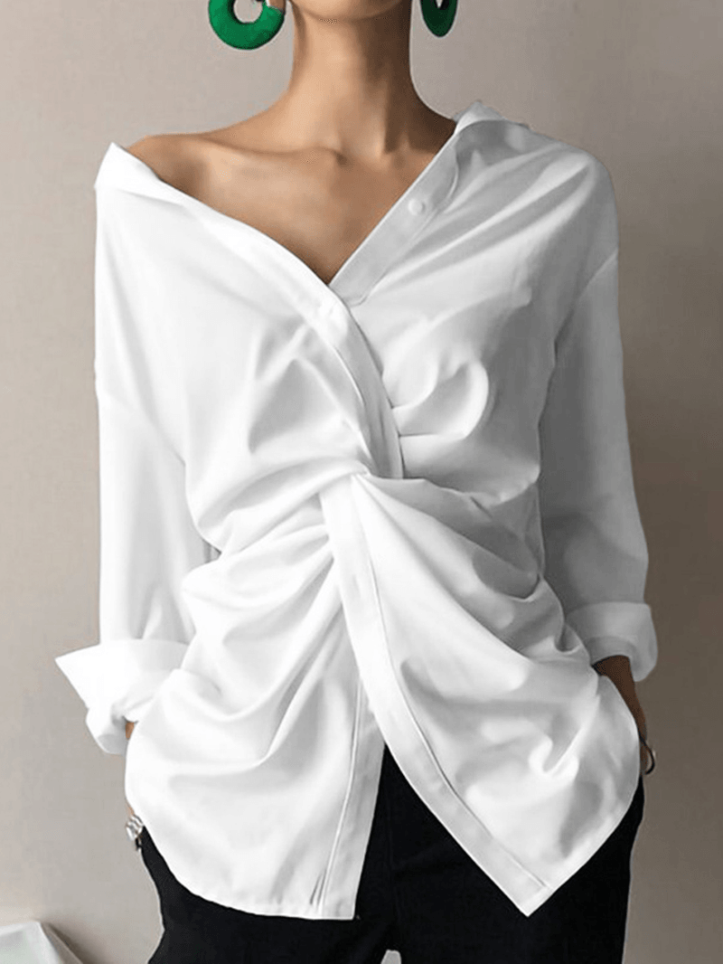 Blusa casual de manga larga con botones de color liso para mujer