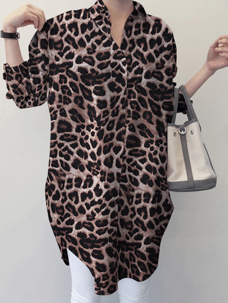 Camisas informales hasta la rodilla con botones y cuello vuelto con estampado de leopardo empalmado para mujer