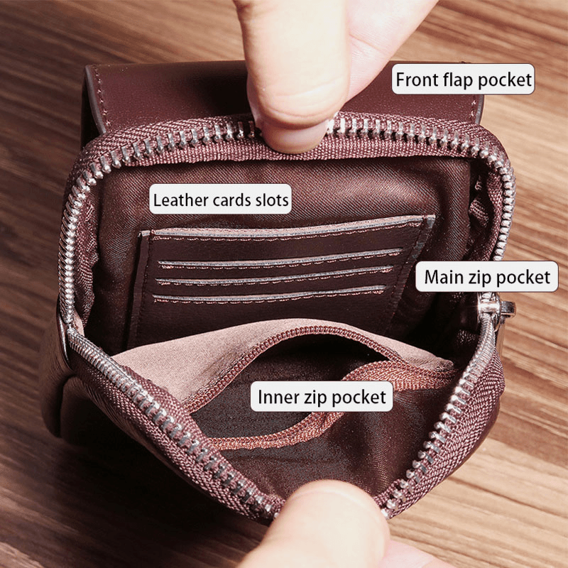 Men Vintage Horizontal Multi-Pocket Genuine Leather Mini Wallet Purse 6.5 Inch Phone Bag Waist Bag