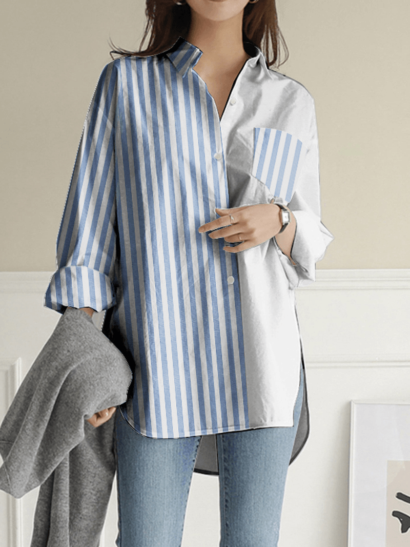 Women Stripes Patchwork High Low Split Hem Casual Long Sleeve Shirts