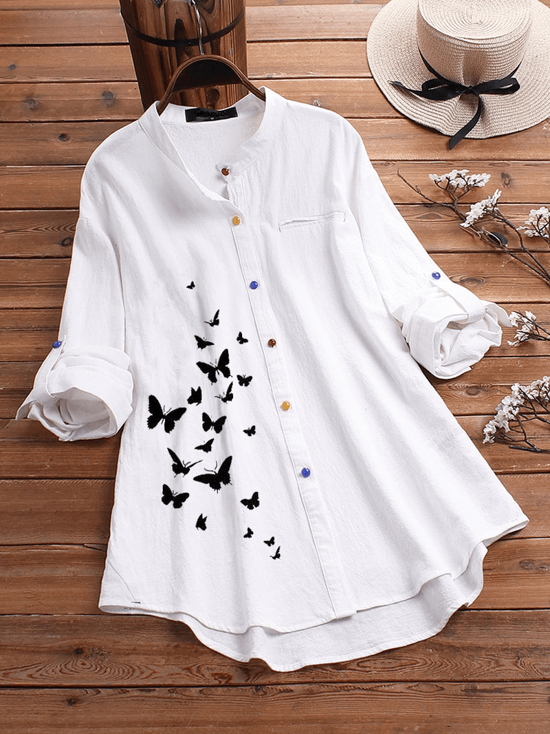 Blusa de camisas informales con botones y estampado de mariposas
