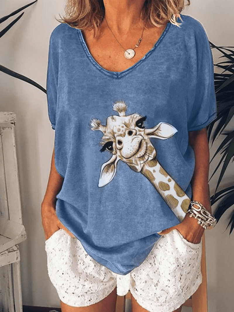 Blusa suelta informal con cuello en V y estampado de jirafa para mujer