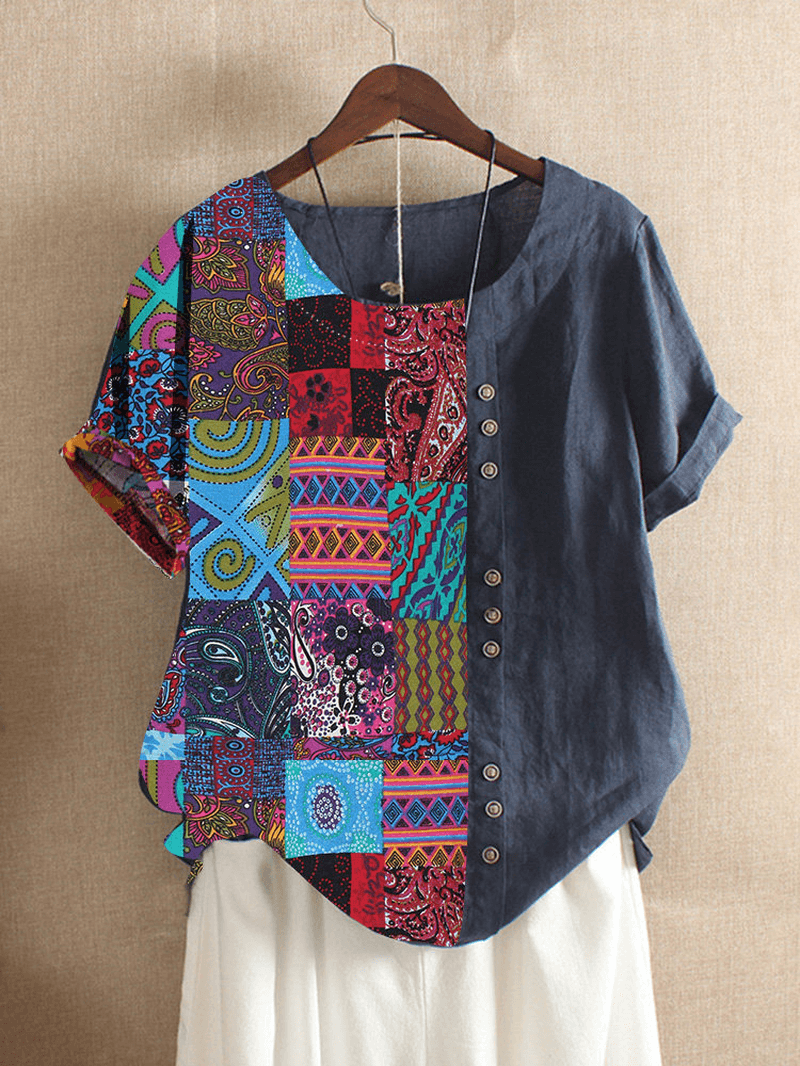 Women Folk Style Print Patchwork Short Sleeve T-Shirts