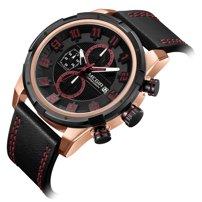 Megir 2082G Multifunction 3D Dial Display Sport Men Wrist Watch Genuine Leather Band Quartz Watch