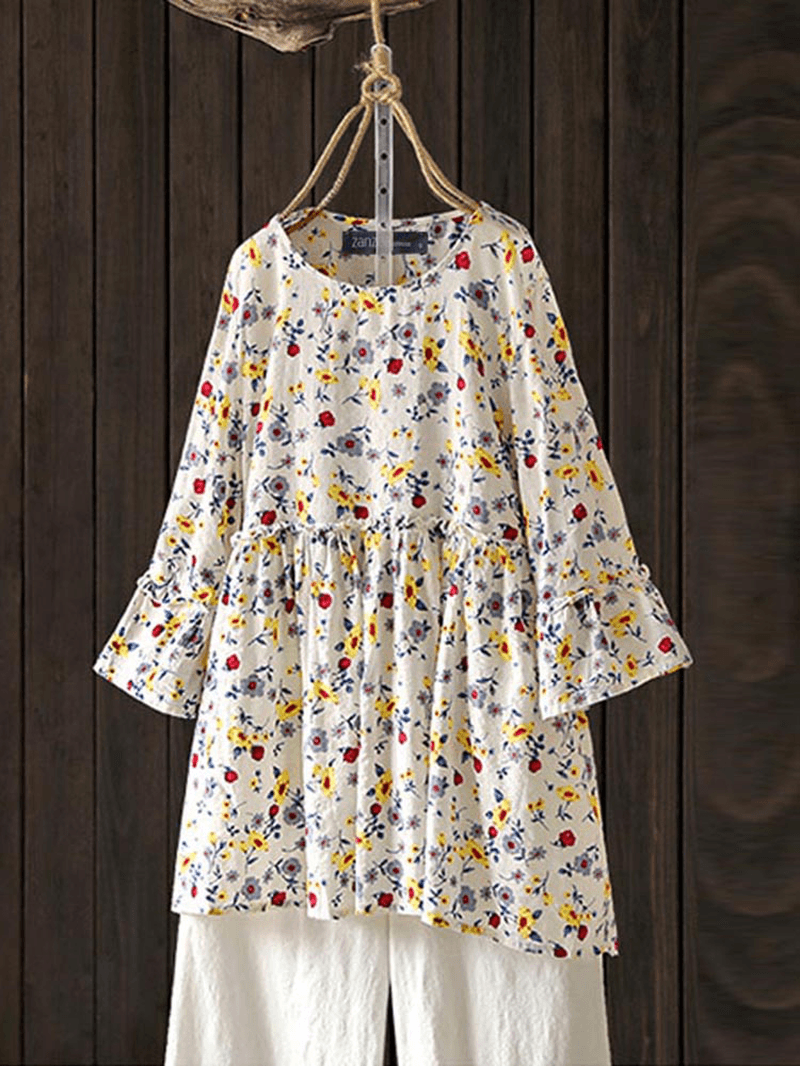 Blusa casual de manga acampanada con cuello redondo y estampado floral para mujer