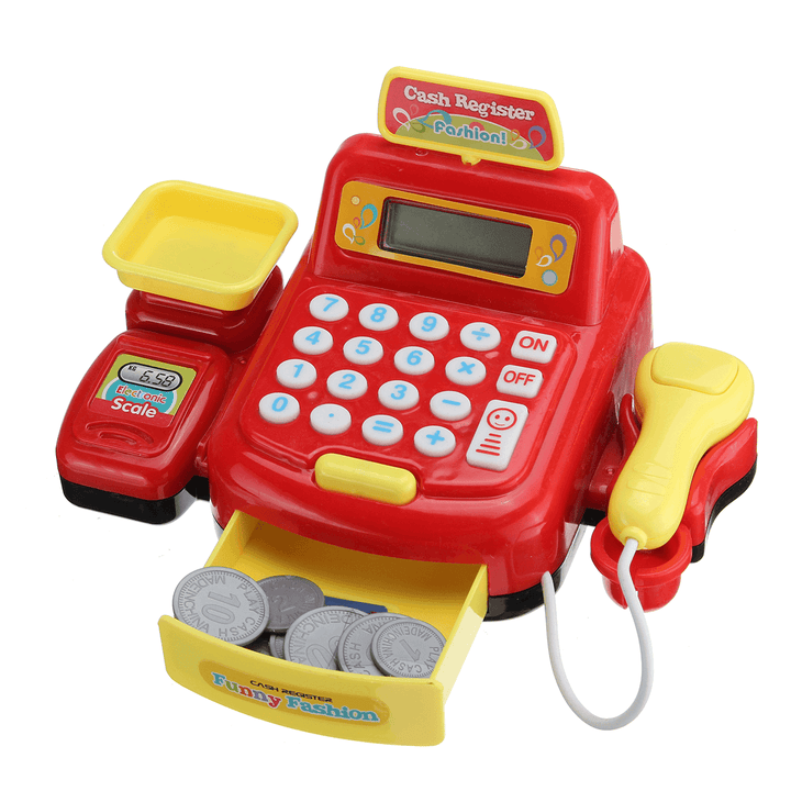 Children Emulational Supermarket Cash Register Toy Checkout Scanner Weighing Platform+Coins Pretend Play with Sound＆Light Interest Development Gifts - MRSLM