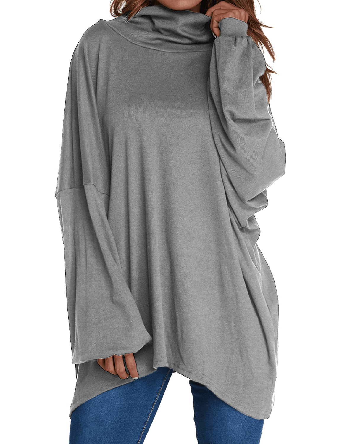 Jersey suelto de manga larga para mujer Blusa de cuello alto de color puro
