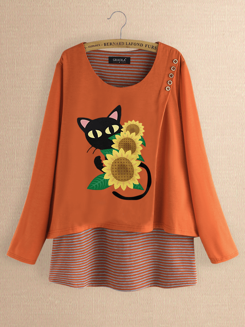 Casual Print Cats Flower Patch Striped Blouse