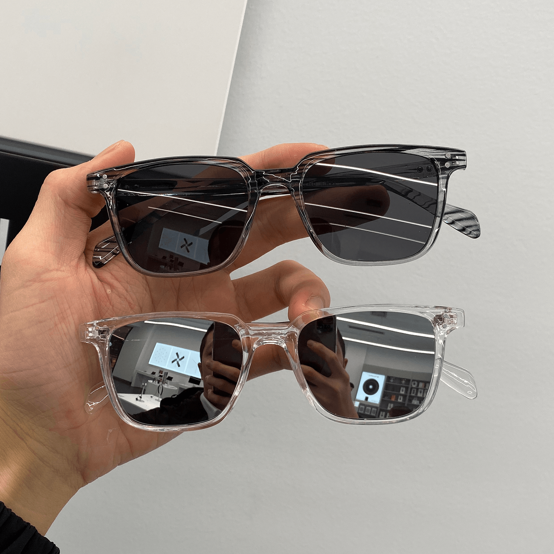 Female round Face with Small Square Sunglasses and Sunglasses
