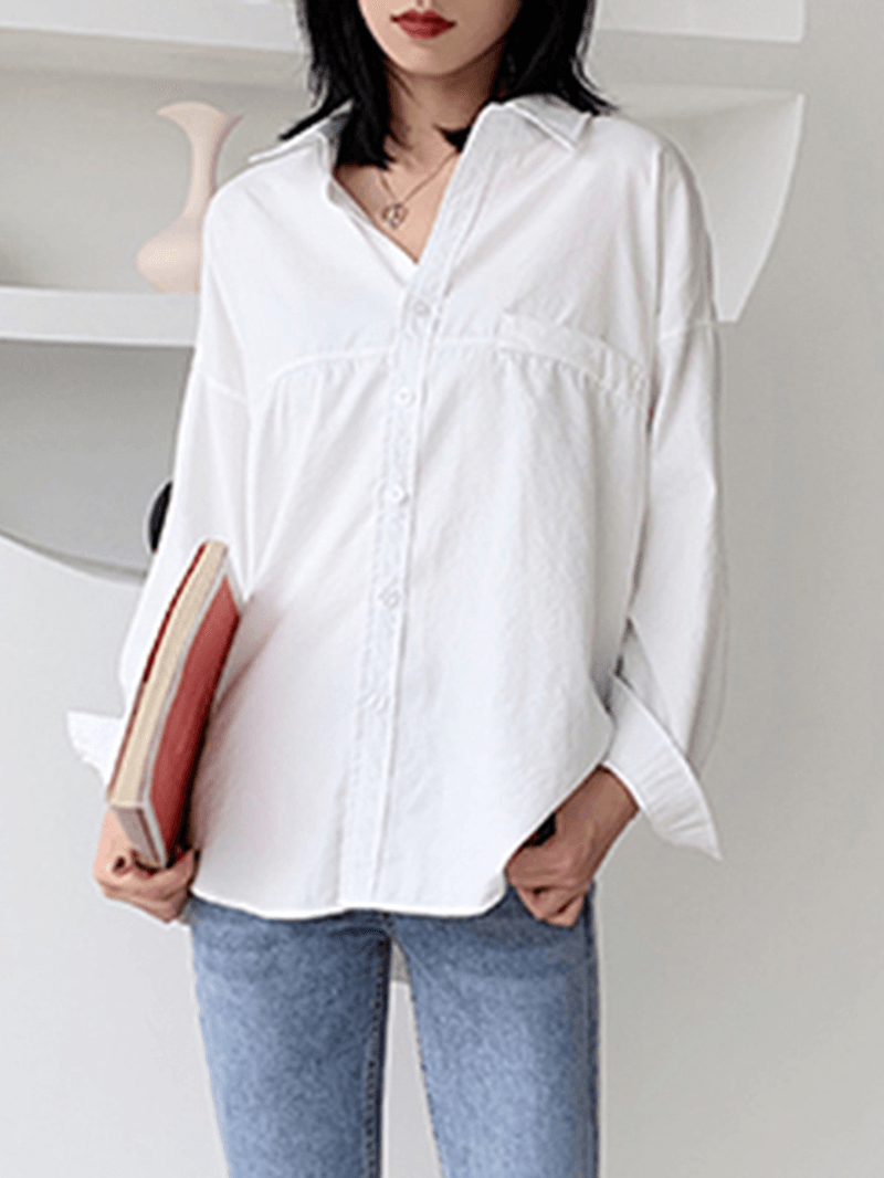 Solid Color Lapel Long Sleeve Plain Daily Casual Shirts for Women