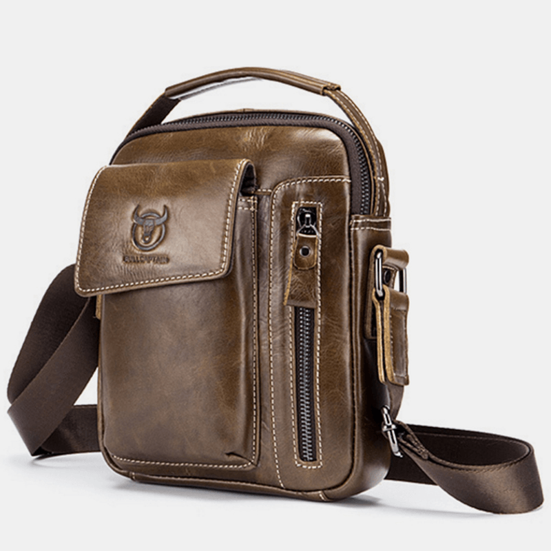 Bullcaptain Genuine Leather Business Messenger Bag Vintage Mini Shoulder Bag Crossbody Bag for Men