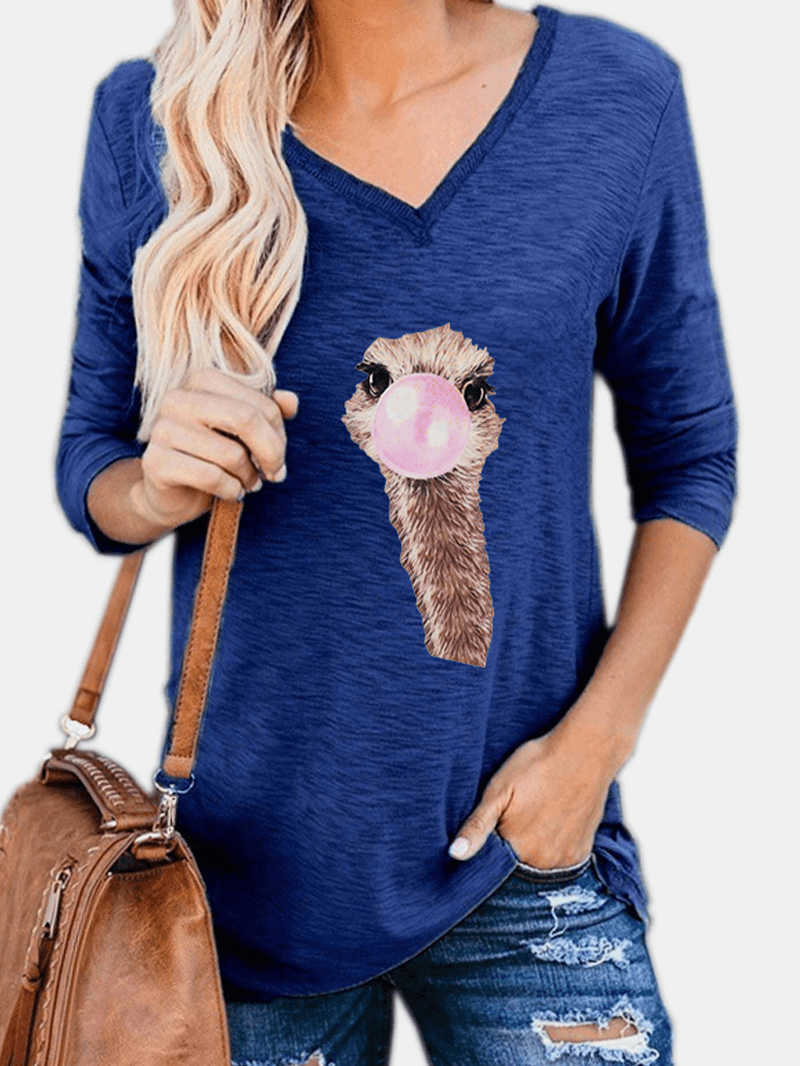 Women Cute Ostrich Animal Print V-Neck Long Sleeve Casual Blouses