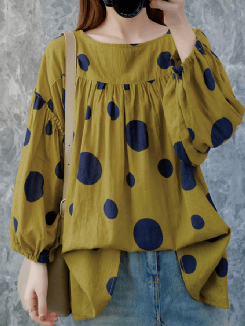 Women Vintage Polka Dot Print Puff Sleeve Loose Pleated Blouse