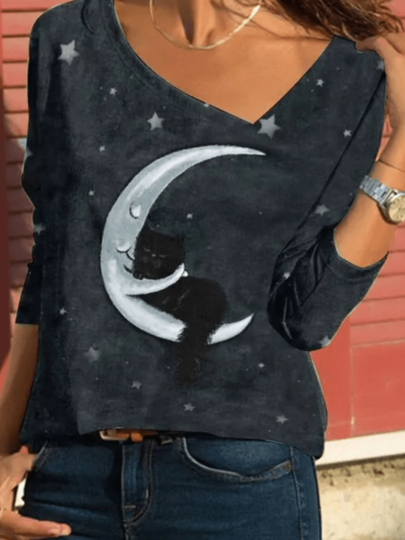 Blusas casuales de manga larga con cuello asimétrico y estampado de cielo estrellado de gato de dibujos animados para mujer