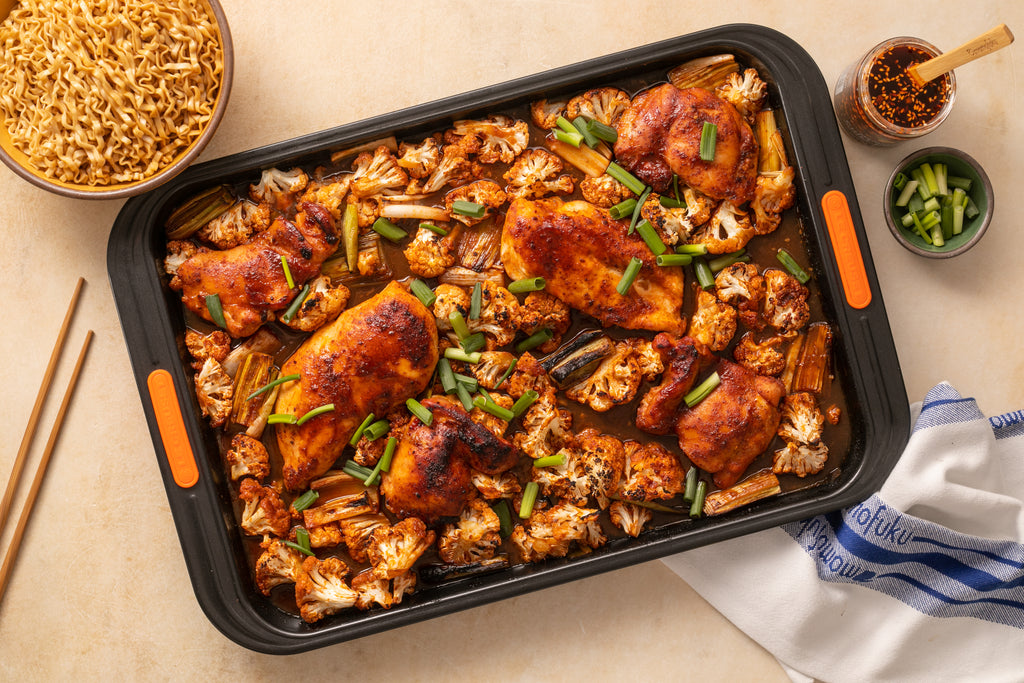 Sheet Pan Spicy Chicken & Cauliflower Noodle Bowls