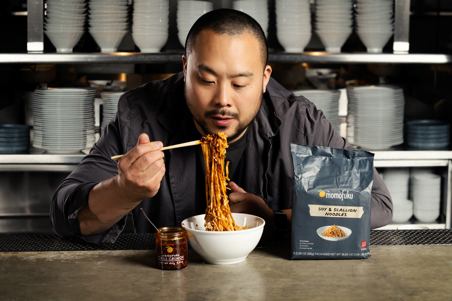 Dave Chang eating Momofuku Noodles