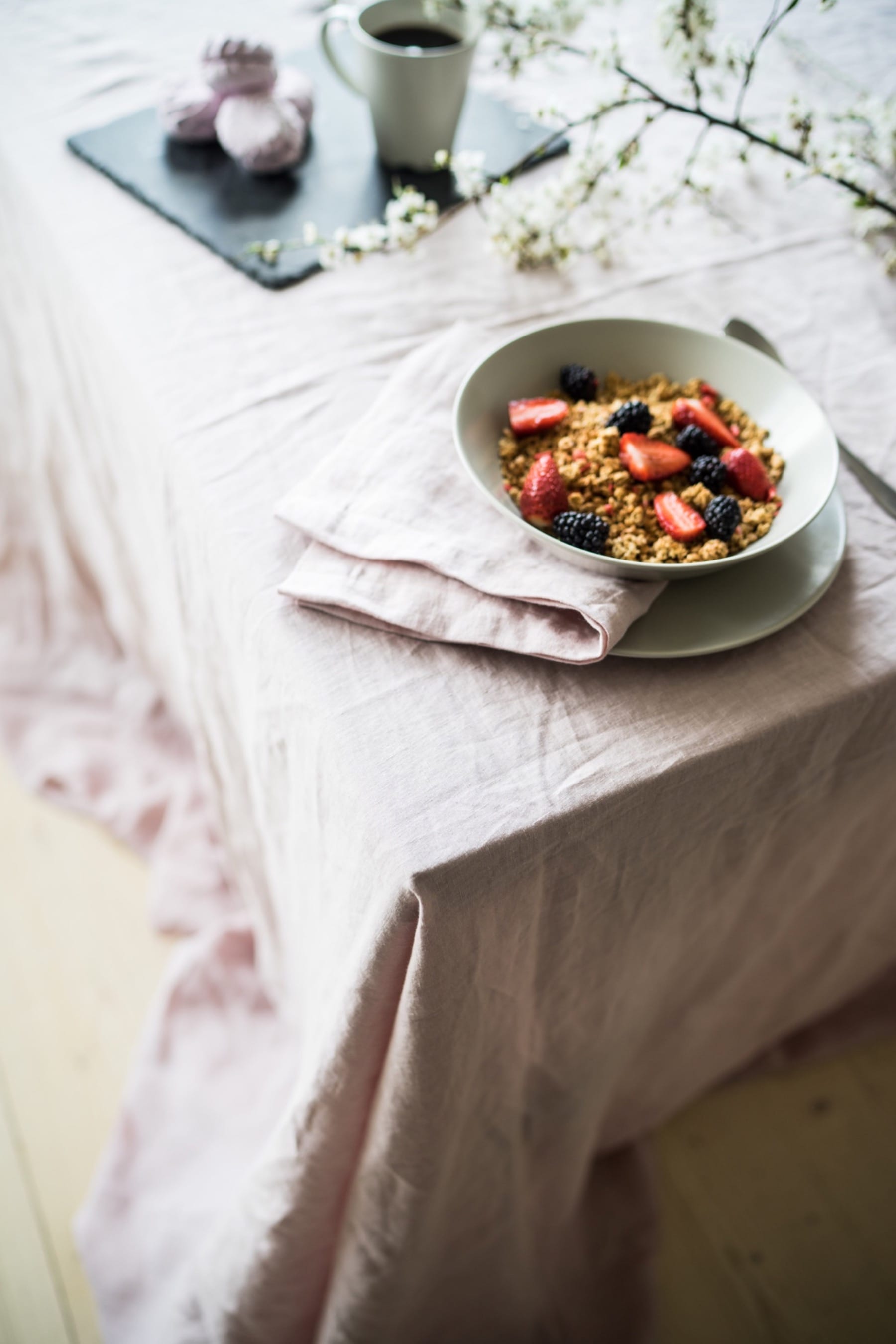 Custom tablecloth from organic linen, square shape, blush pink color.