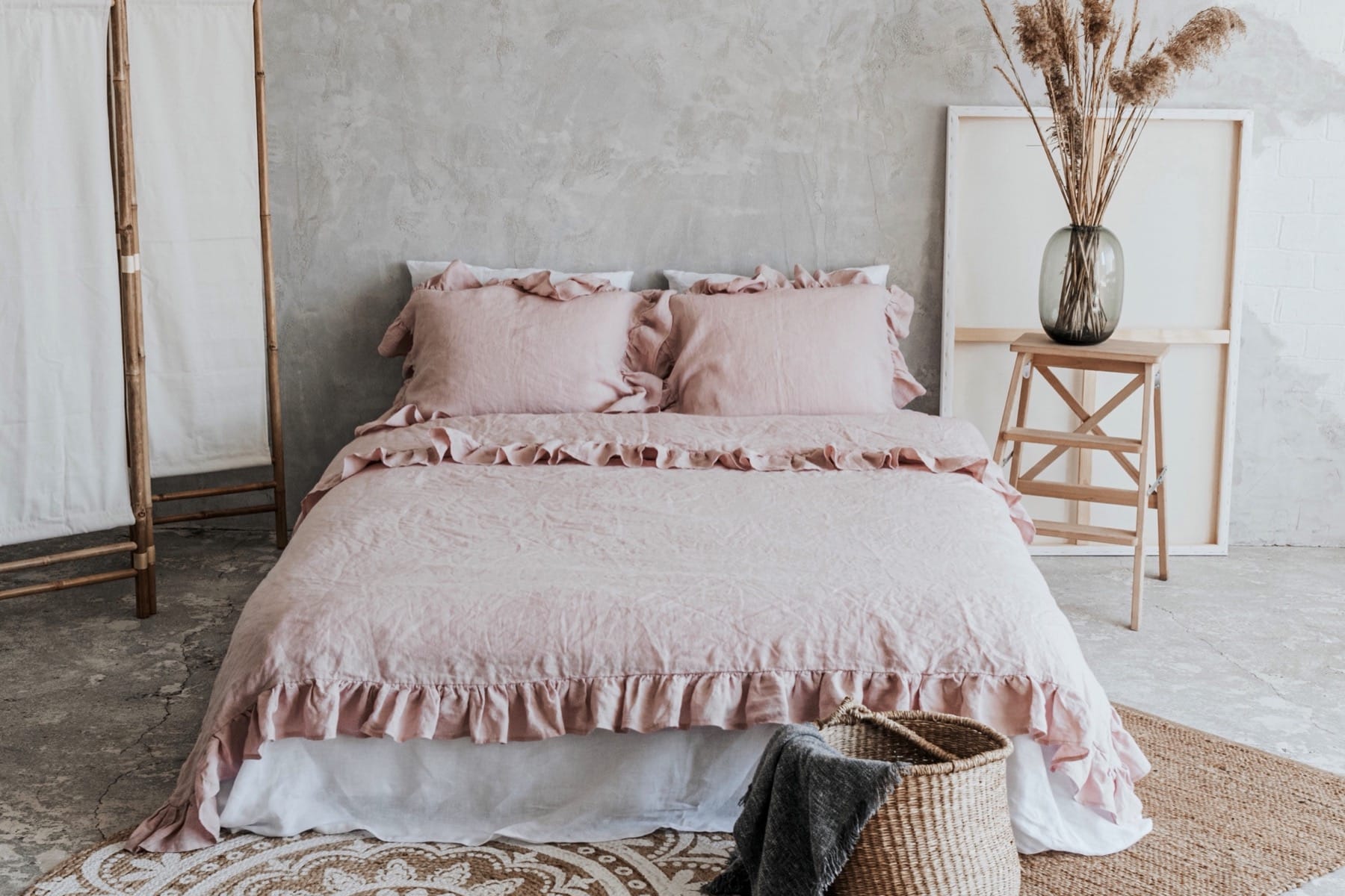 pink linen bedding with ruffles