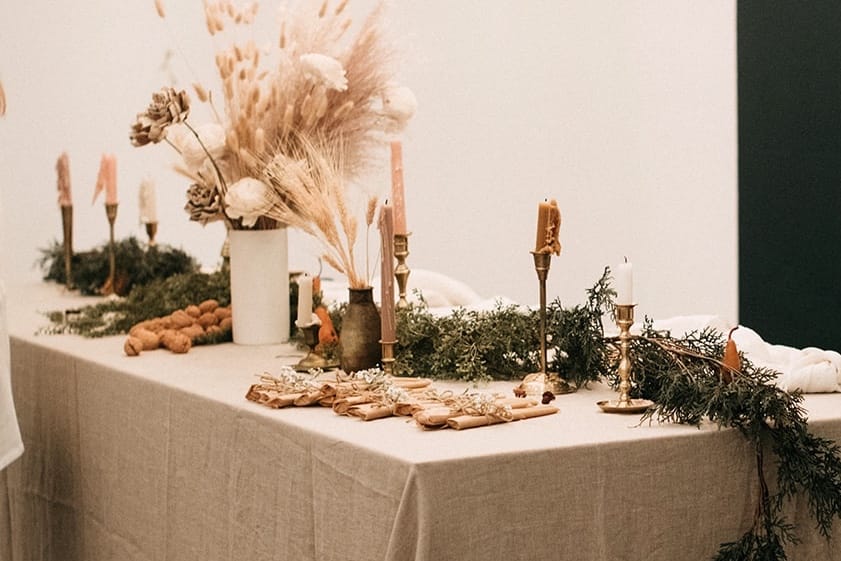 Thanksgiving table with natural linen tablecloth